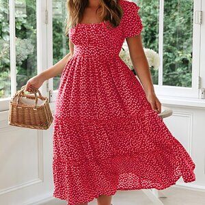 Women's Spring Summer Casual Cute Boho Floral Print Long Midi Dress- Red